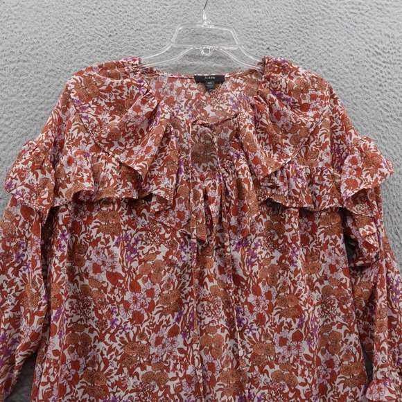 J Crew Ruffle Crinkle Chiffon Top Blouse Women XS Orange Womens Fete Floral‎ - Picture 3 of 12